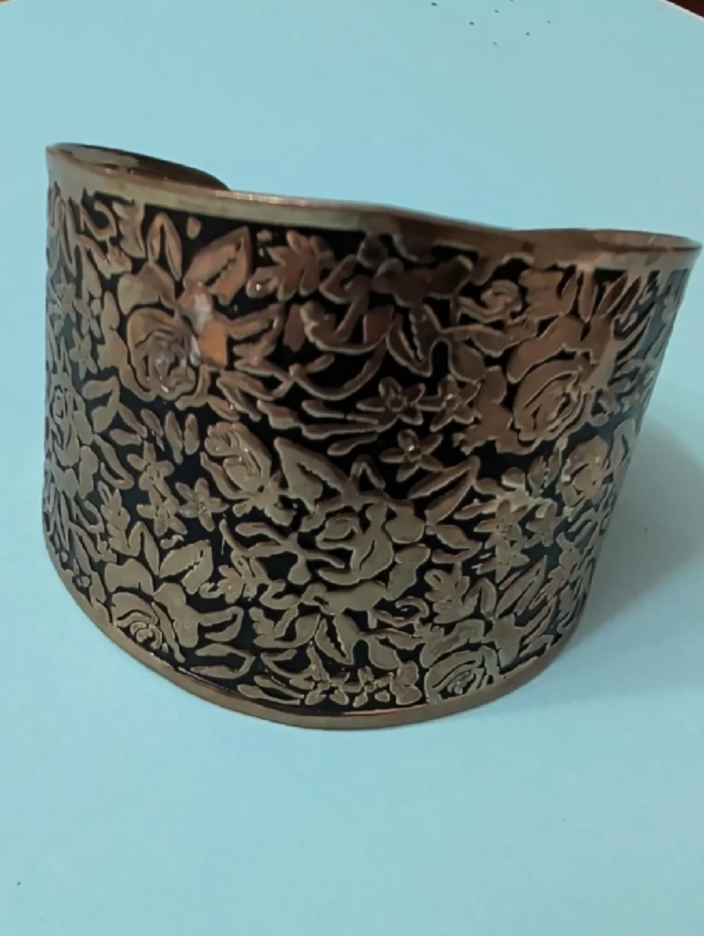 Handcrafted Floral Embossed Wide Cuff Bracelet - Bronze Tone - Picture 7 of 11